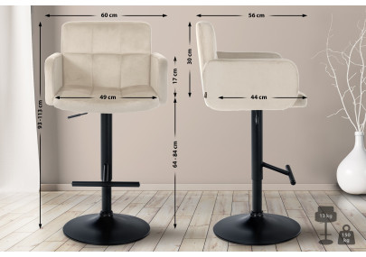 Tabouret de bar Los Angeles velours noir crème