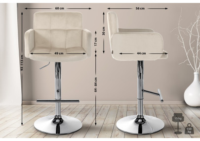Tabouret de bar Los Angeles velours chrome crème