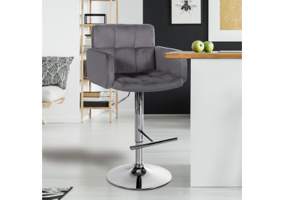 Tabouret de bar Los Angeles, velours, chrome, gris foncé
