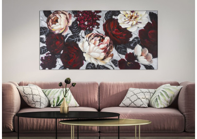 Tableau mural fait main fleurs blanches et rouges – 150x76 cm – Effet lumineux Glamour
