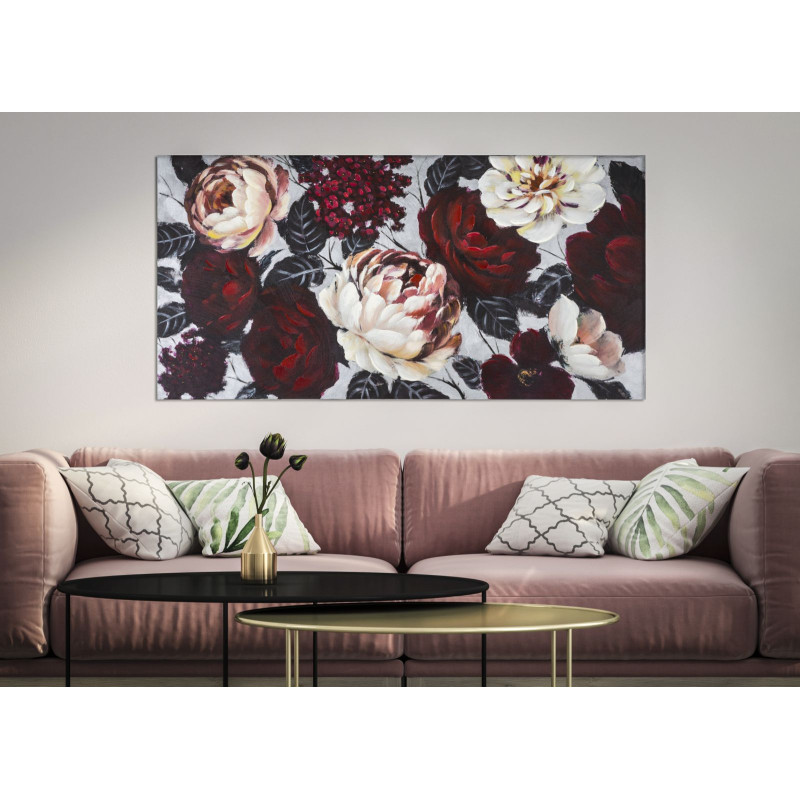 Tableau mural fait main fleurs blanches et rouges – 150x76 cm – Effet lumineux Glamour