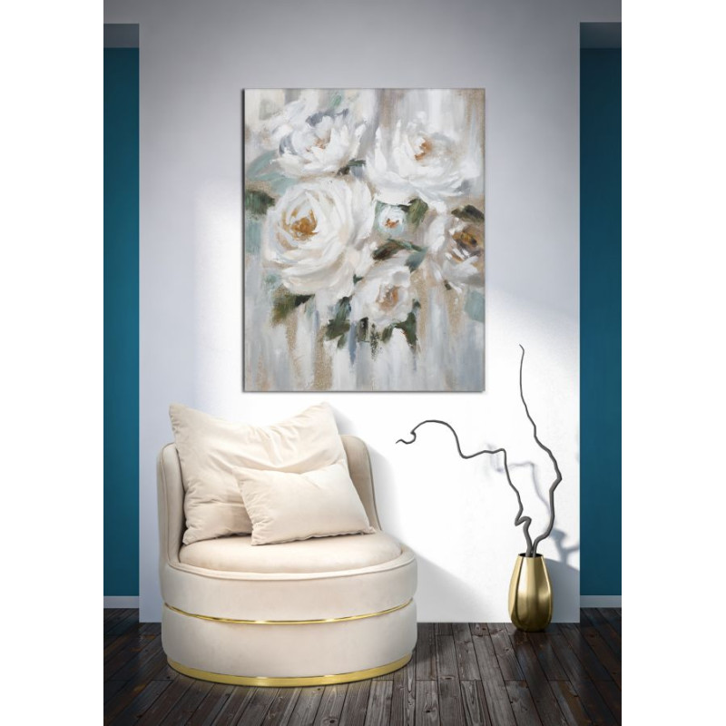 Tableau mural fait main fleur crème – 80x100 cm – Peinture murale Glam douce et raffinée