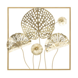 Panneau mural en fer fleurs dorées – 50x50 cm – Élégance florale Glam