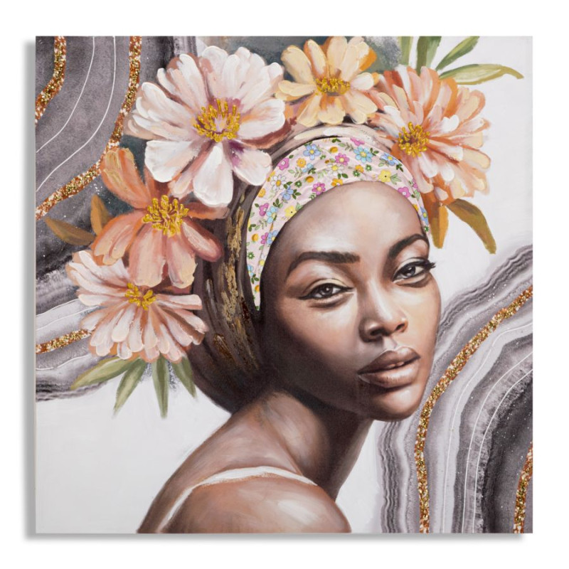 Tableau mural fait main Naomi – Modèle A – 100x100 cm – Portrait féminin bohème et doux