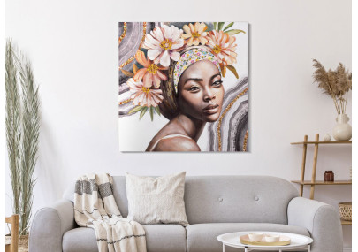 Tableau mural fait main Naomi – Modèle A – 100x100 cm – Portrait féminin bohème et doux