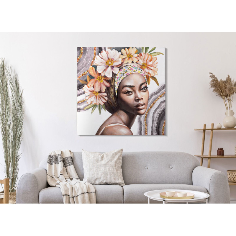 Tableau mural fait main Naomi – Modèle A – 100x100 cm – Portrait féminin bohème et doux