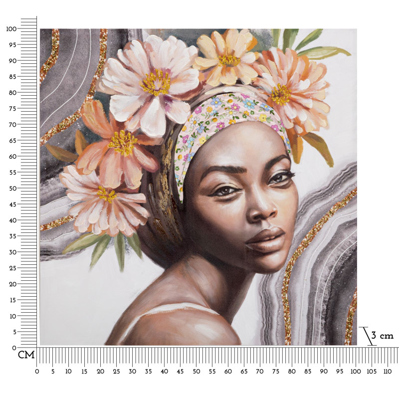 Tableau mural fait main Naomi – Modèle A – 100x100 cm – Portrait féminin bohème et doux