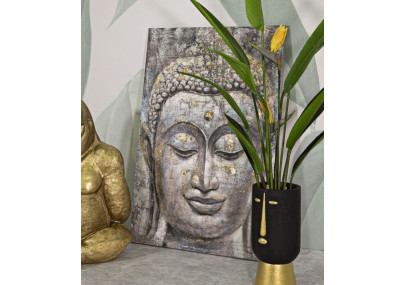 Tableau mural fait main Visage de Bouddha lumineux – Modèle A – 80x120 cm – Sérénité bohème et spirituelle