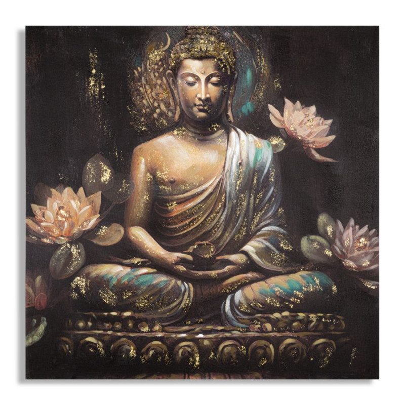 Tableau mural fait main Bouddha – Modèle A – 100x100 cm – Grand format spirituel bohème