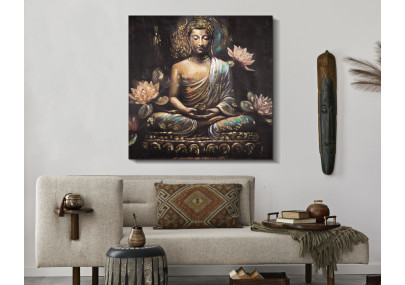 Tableau mural fait main Bouddha – Modèle A – 100x100 cm – Grand format spirituel bohème