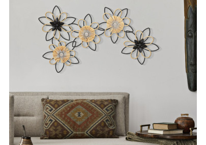 Panneau mural en fer et raphia Flow – 60x35 cm – Déco bohème texturée et douce