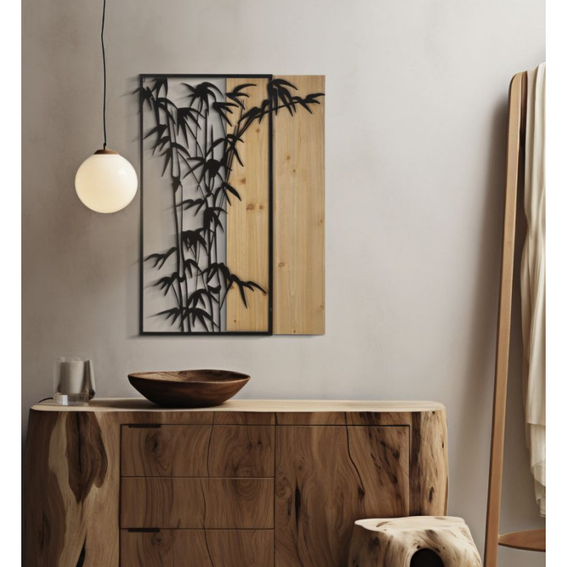 Panneau mural en bambou, fer et bois – Charme naturel et contemporain (58 x 2 x 80 cm)