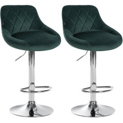 Ensemble de 2 tabourets de bar Lazio, velours, chrome, vert foncé