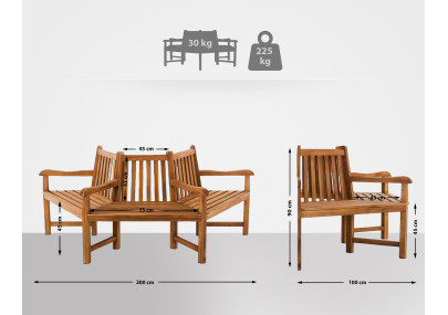 Banc Kenna avec accoudoirs, semi-circulaire, 200 cm, teck