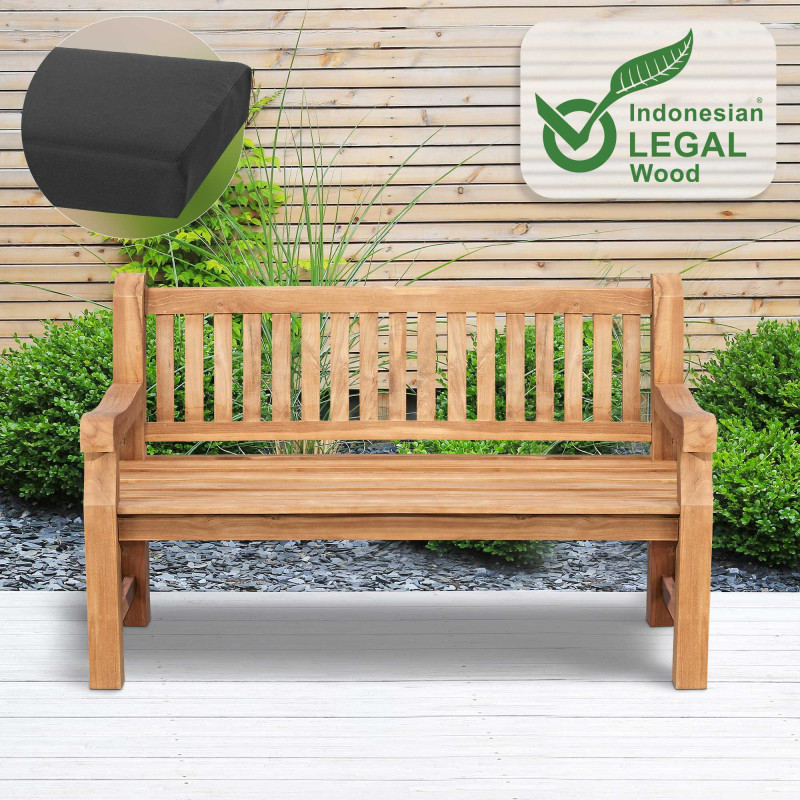 Banc Jackson en teck avec coussin d'assise 150 cm + teck gris foncé