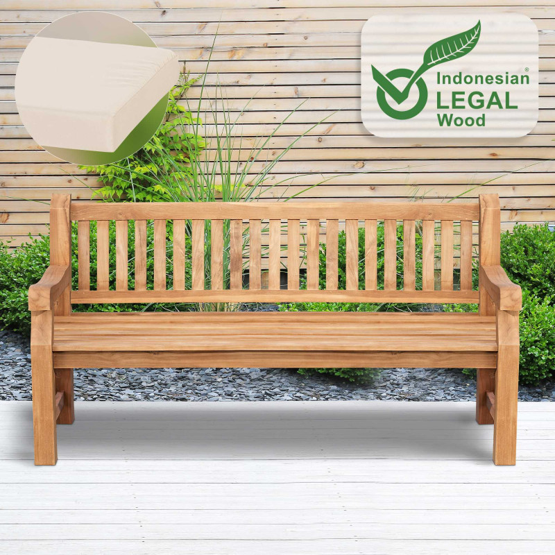 Banc Jackson en teck avec coussin d'assise 180 cm + teck crème