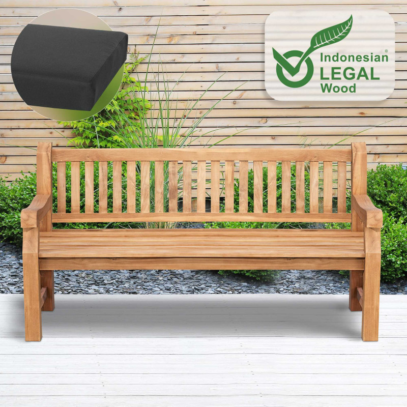 Panchina da Giardino in Teak Jackson con Cuscino grigio scuro,166x48x8 cm