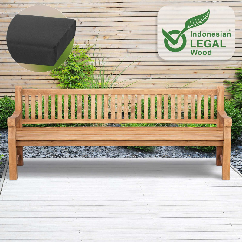 Banc Jackson en teck avec coussin d'assise 240 cm + teck gris foncé