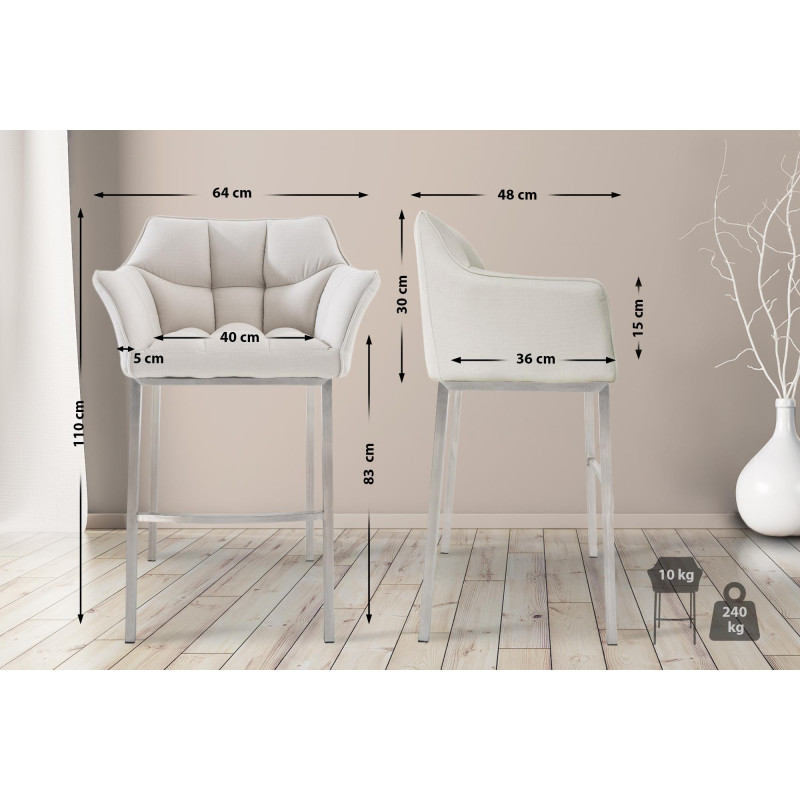 Tabouret de bar Damaso E en tissu avec piètement à 4 pieds blanc