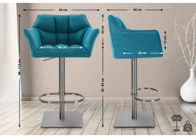 Tabouret de bar Damaso E, tissu turquoise