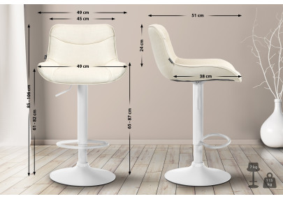 Tabouret de bar Vonore, tissu, blanc/crème