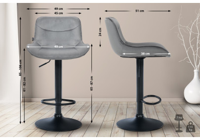 Tabouret de bar Vonore, velours, noir et gris