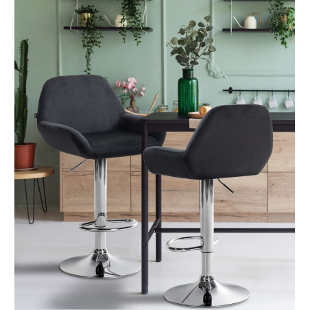 Ensemble de 2 tabourets de bar Braga, velours, chrome, noir