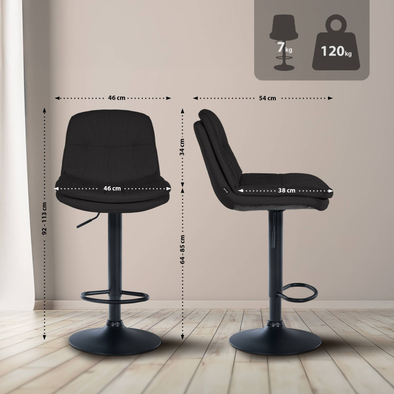 Tabouret de bar Laurel, tissu noir noir