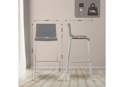 Tabouret de bar chromé Hoover avec cadre à 4 pieds et dossier gris