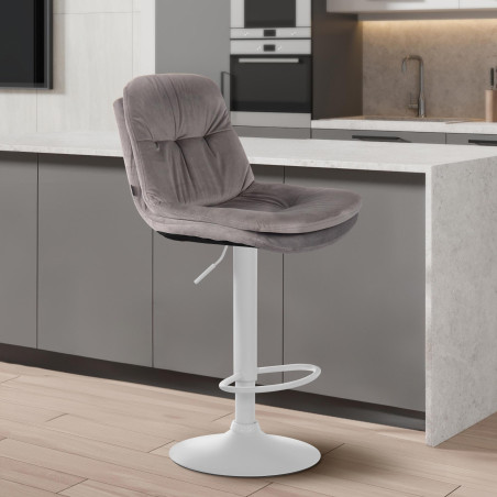 Tabouret de bar en velours Laurel, blanc gris