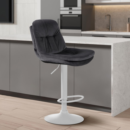 Tabouret de bar en velours Laurel, blanc gris foncé