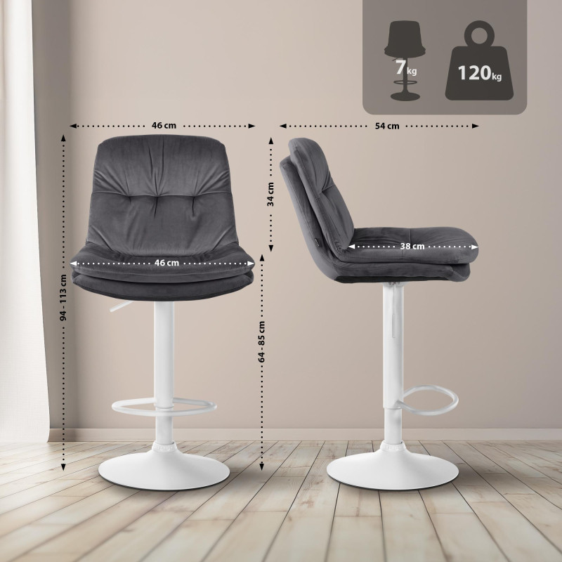 Tabouret de bar Laurel, velours, blanc/gris foncé