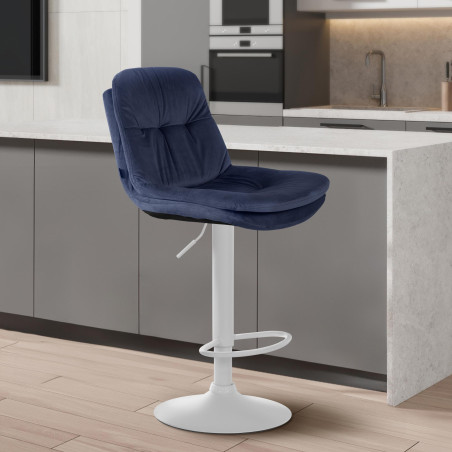 Tabouret de bar en velours Laurel, blanc/bleu