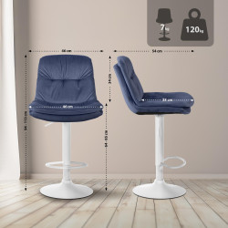 Tabouret de bar en velours Laurel, blanc/bleu