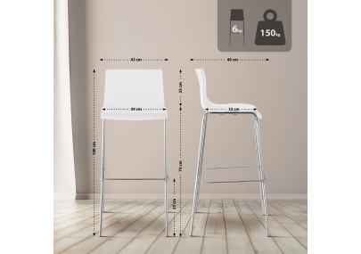 Lot de 2 tabourets de bar Hoover, en plastique, piètement à 4 pieds, blanc chromé