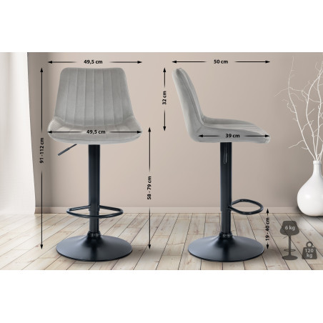 Lot de 2 tabourets de bar Toni en velours noir gris