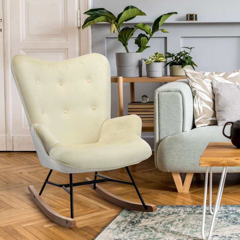 Fauteuil à bascule Sanka, velours, crème