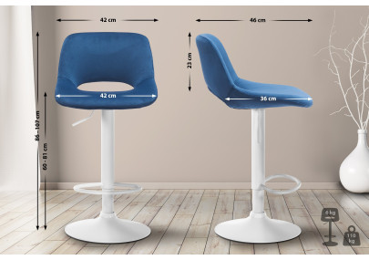 Tabouret de bar Camden en velours, blanc/bleu