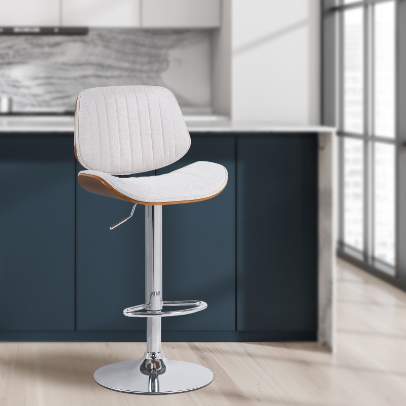 Ensemble de 2 tabourets de bar Clawson, tissu, chrome, noyer/crème