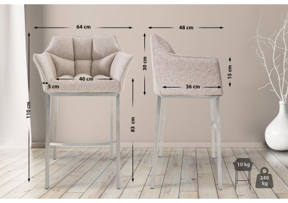 Sgabello da bar in tessuto Damaso E con struttura a 4 gambe, avorio