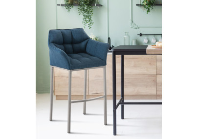 Sgabello da bar in tessuto Damaso E con struttura a 4 gambe, blu