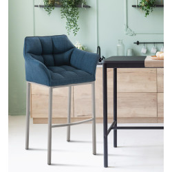 Sgabello da bar in tessuto Damaso E con struttura a 4 gambe, blu