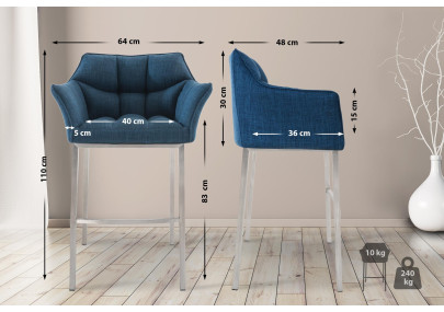 Sgabello da bar in tessuto Damaso E con struttura a 4 gambe, blu