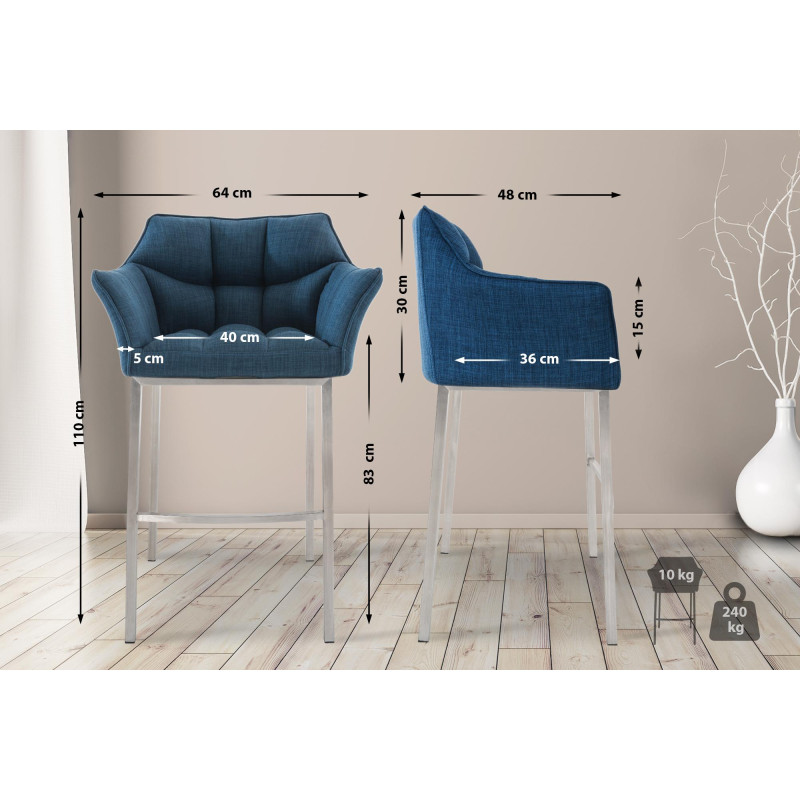 Sgabello da bar in tessuto Damaso E con struttura a 4 gambe, blu