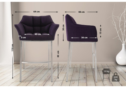 Taburete de bar Damaso E, tapizado en tela con estructura de 4 patas, morado