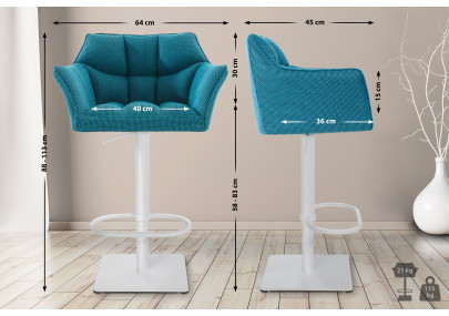 Tabouret de bar Damaso W, tissu turquoise