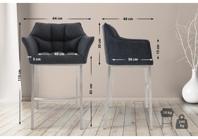 Banqueta de bar Damaso E, estofada com estrutura de 4 pés, cinza escuro