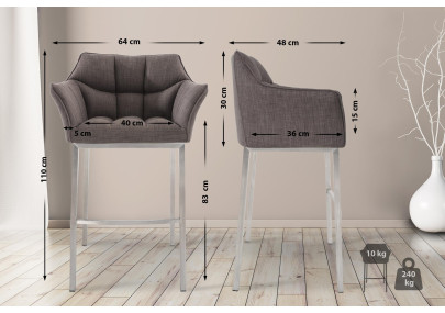 Sgabello da bar Damaso E, tessuto con struttura a 4 gambe, grigio