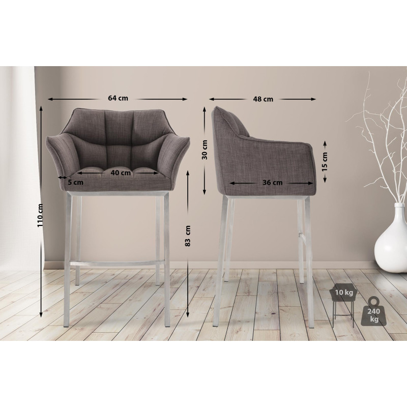 Sgabello da bar Damaso E, tessuto con struttura a 4 gambe, grigio