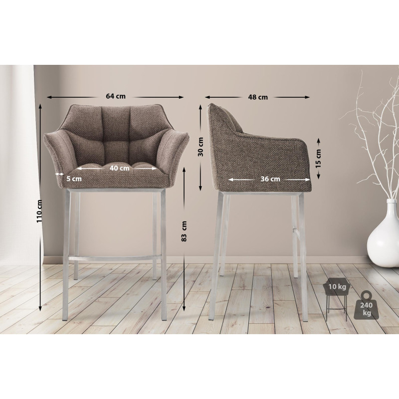 Taburete de bar Damaso E, tapizado en tela con estructura de 4 patas, color marrón tierra